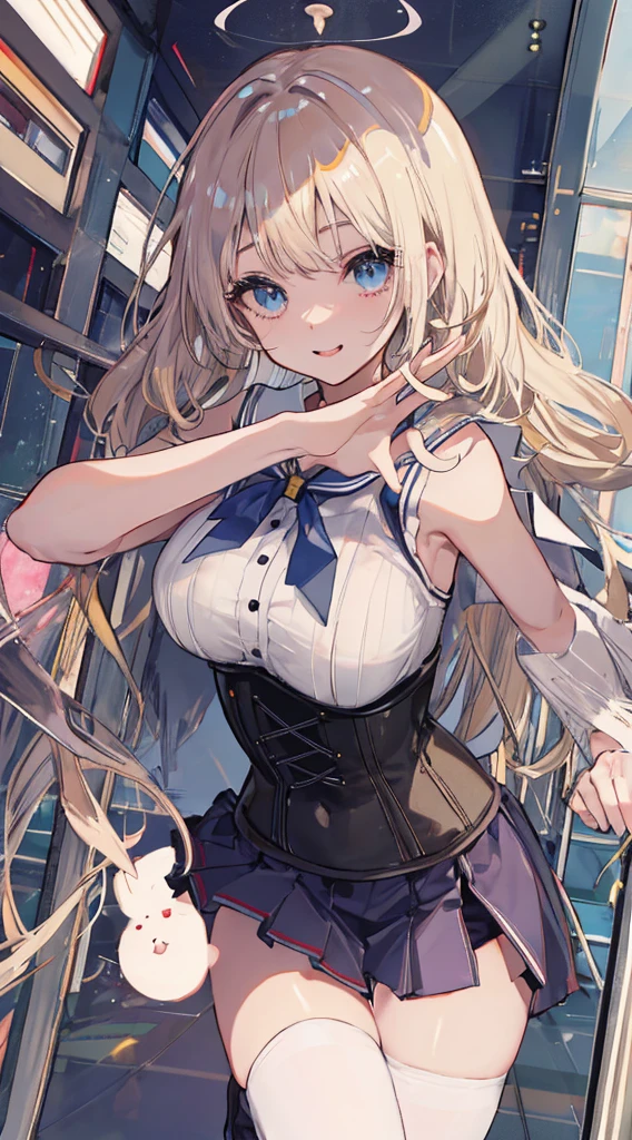 top-quality、realistic touch,high-detail、photoRealstic、Long body、captive beauty、big eye、Colossal tits、Strong platinum blonde eyelashes、platinum-blond、full body Esbian、Sparkling eyes、Submissive smile、Flushed cheeks、Kamimei、thin-waist、Voluptuous thighs、Enraptured look、Raked bangs、The forehead is protruding、Tight sailor uniform、thigh-high socks、sleeveless、Tight and short skirt with a large slit、A corset that emphasizes your breasts、Shoulder straps integrated with corset、Inside a school classroom、Shiny Skin、Shiny Hair、Backlight、Saggy breasts.Brown skin,Curly hair,
