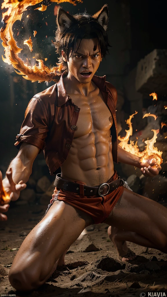 Create an exciting poster with Luffy from "one piece" em um ataque de raiva, wolf-headed. Capture the essence of his fiery determination and unyielding spirit as he unleashes his wrath on his enemies. Mantenha-o curto, ousado, e intenso para transmitir o poder bruto da raiva de Luffy. formata chibi, anime