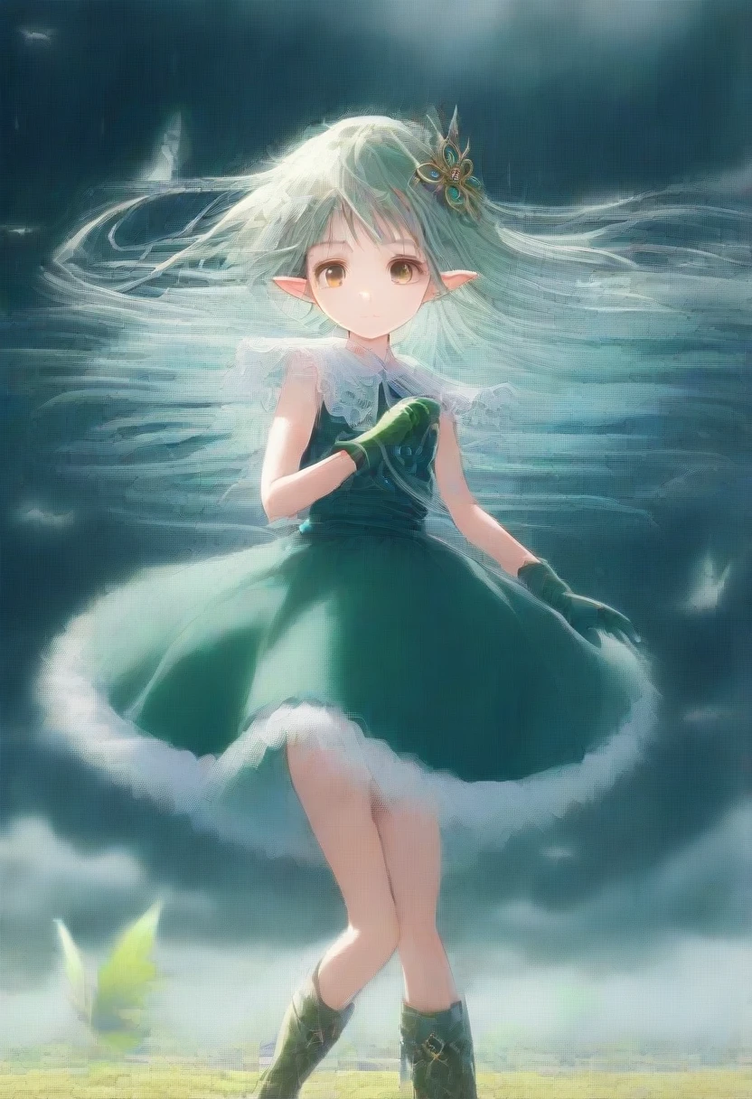 score_9, source_anime, anime_coloring, anime_screencap, the artist creates a wind spirit enveloped in storm, (Sylph, sylphid), tareme,1girl, solo, (wind:1.3), semi long, green hair, golden eyes, pointy ears, (hair ornaments:1.2), green gloves, green long boots, green dress made of wind, High neck dress, :d, blush, small breasts, five fingers, nice hands, perfect hands, perfect anatomy, masterpiece, amazing quality, best quality, detailed, (very young child:1.3), (tiny, petite:1.3), (flying:1.3), cowboy shot, (fairy wing:1.2), High altitude, blue sky