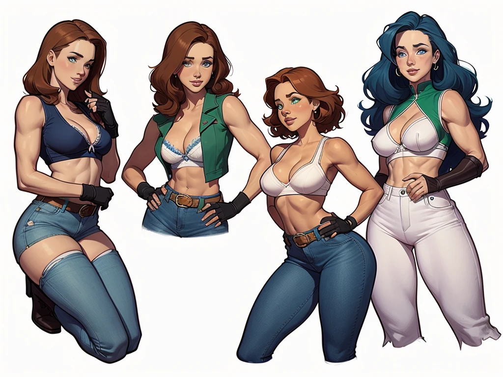 (cartoon style:1.2), Drawings of (Ginevra Molly Weasley), ssmile, perfect green eyes, face detailed, White background, fun pose, seducing gaze,Full body wearing the Sanserina uniform, beautiful medium breasts and wonderful body cartoon style digital illustration. Wearing pantiesJennifer Connelly , , white bra, green vest, sleeveless, へそ, blue jeans, Brown boots, gloves fingerless, short gloves, slightly-smile, shorth hair, wavy hair, parted bangs, blue colored eyes, wart under the right eye, old american west, sunny desert background, waist belt, best quality, Obra de arte Jennifer Connelly