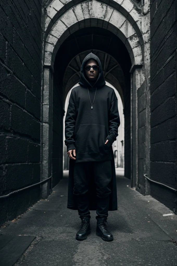 a person in a black sweatshirt, Head down, dark sunglasses , estilo Gothic, dark panorama, Complete plan, wide angle, whole body, far, industrial style, Gothic