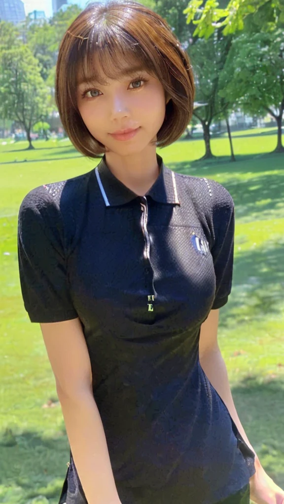 (((One girl)))((Highest quality, 8K, masterpiece:1.3)),((sharp:1.2, Beautiful woman with perfect figure:1.4, Slim Abs:1.2)), ((Layered Hairstyles, Huge boobs:1.3)),((Highly detailed face and skin texture,Detailed eyes,black eye,double eyelid, Droopy eyes)),(Japanese Girls:1.5)(Brown Hair,Bobcut)(Polo shirt:1.8),(at the park:1.3)Impish Smile