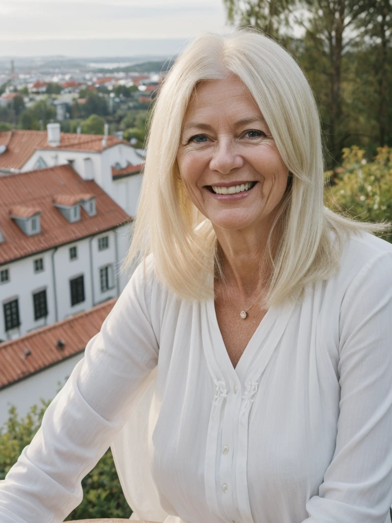 A realistic, photorealistic image of Felicidad, a 60-year-old Finnish woman with a Scandinavian background, (((white blonde and medium length hair))), smiling and enjoying, overlooking the mansion over the hilltop, upper body and upper legs, (((round face))), (medium straight hair)