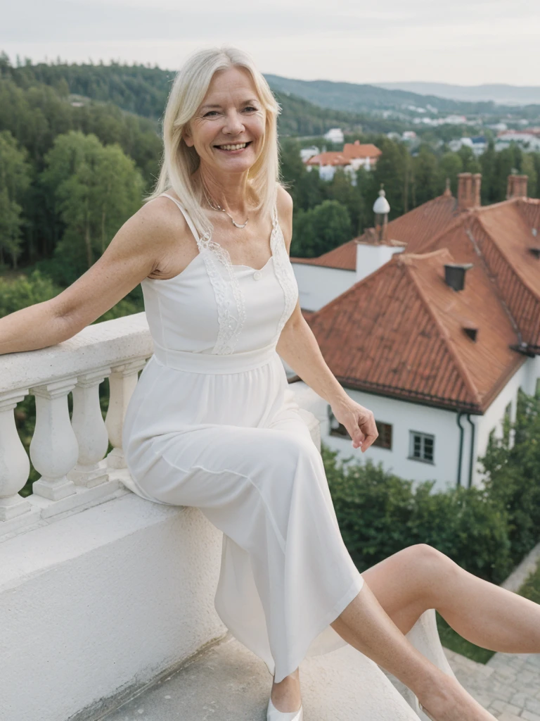 A realistic, photorealistic image of Felicidad, a 60-year-old Finnish woman with a Scandinavian background, (((white blonde and medium length hair))), smiling and enjoying, overlooking the mansion over the hilltop, upper body and upper legs, (((round face))), (medium straight hair)