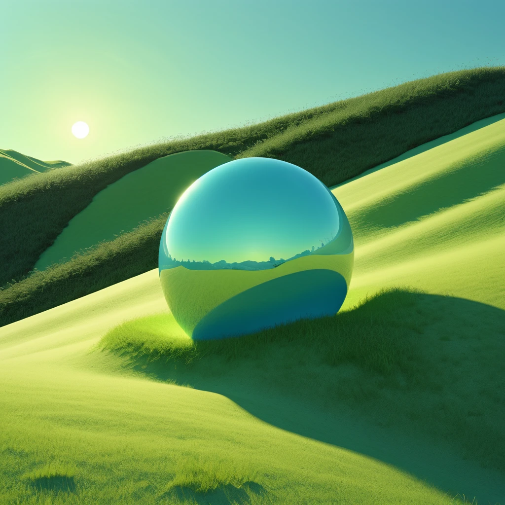 Silhouette of a sphere rolling down a hill in order、Soft body line、Faint Lines、High contrast、Rendered in a glowing light blue and lime green duotone style、Expressing beauty to the fullest、Gives off a delicate glow、Inorganic、Softness、Lightness