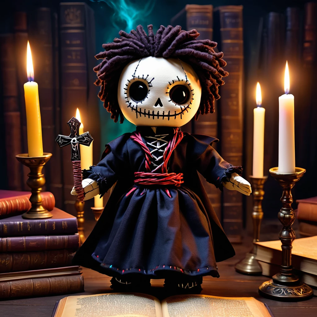 (knitted toy voodoo doll:1.5), (Voodoo Cursed Storyteller:1.3), (Clothing: tattered bard’s attire with eerie symbols:1.0), (Accessories: enchanted quill emitting a ghostly glow, floating spectral books:1.1), (background: dark, eerie library with flickering candlelight, whispering shadows, and an atmosphere of cursed tales:1.2), best quality, masterpiece, detailed soft oil painting, detailed background, dramatic cinematic lighting, soft edge lighting, professional, dramatic lighting, hard edge lighting, ultra quality, 4k,masterpiece, best quality, 8k, ultra highres, highres, extremely detailed