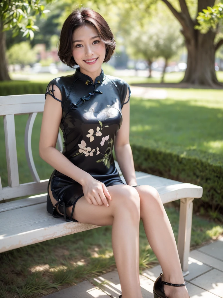 最high quality, 8K, Masseter area, Energetic, Clear focus, high quality, high resolution, Delicate face, Fine particles, thick lips, (Looking at the audience), Solitary, Beautiful woman, 38 years old, Plum, Black short hair, (Printed cheongsam:1.5), afternoon、In front of the park garden,(Sitting on a bench:1.5)、((Smile:1.5))、((Wearing black high heels))