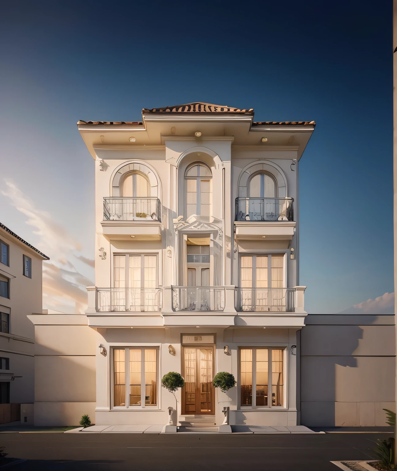 a rendering of a luxury home with a car parked in front of it, neo - classical style, neoclassical style, neo-classical, neo - classical, luxury architecture, exterior design, neo classical architecture, elegant architecture, neoclassicism style, precise architectural rendering, classicism style, classical architecture, architectural rendering, stunning grand architecture, inter dimensional villa, high quality rendering