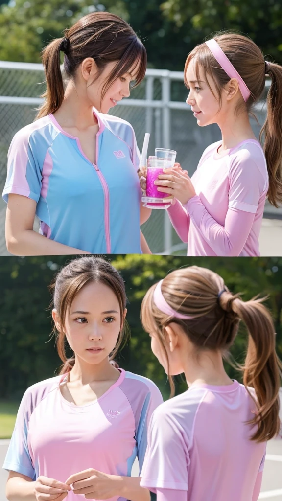 Sweaty ponytailed Yuuki Asuna and Emilia in pink training wear hydrating