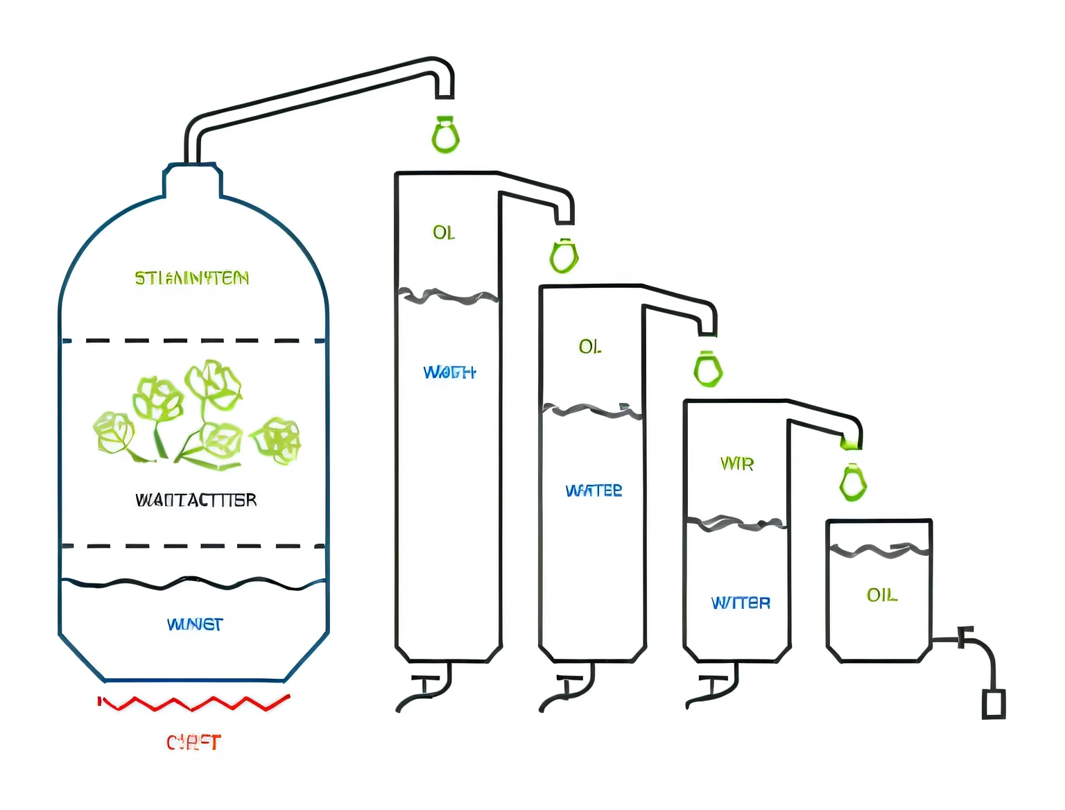 a diagram of a water tank with a hose and a tank with a plant on it, various refining methods, detailed chemical diagram, water to waste, simple illustration, a diagram, various refining techniques, oil like flowing, labeled diagrams, higher detailed illustration, made of oil and water, diagram schematic, diagram, highly detailed schematic, detailed diagrams use #C2DE93 as light colour and #003032 for dark colour in overall design
