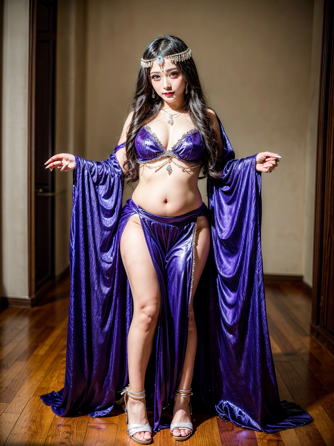 (masterpiece,Highest quality,High resolution,Realistic,photograph:1.2),Arabian woman in purple and purple outfit standing on wooden floor, Belly dance, Outfit with blue accents, beautiful costume, Beasts, She is dressed as a belly dancer, Black and purple outfit, gracefully Belly dance pose, Mr.々A pose, Bejeweled costumes, Full body wide shot, This habit, Arabian Princess, !!beautiful!!