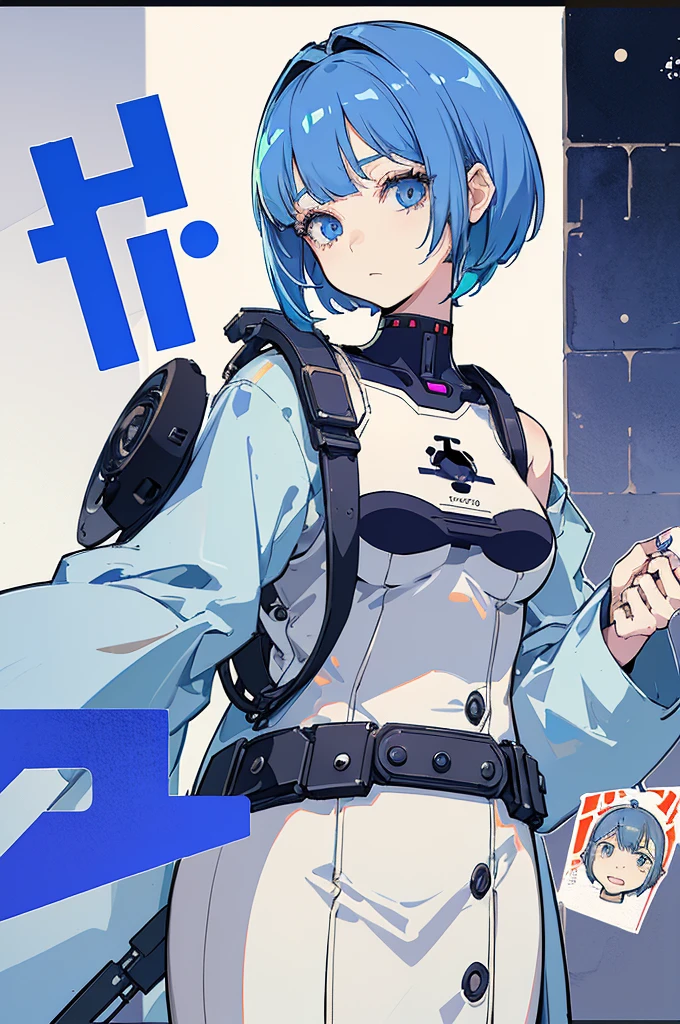 (masterpiece: 1.2, best quality), (1 lady, solo, upper body: 1.2), Hair: short cut, Clothing: oversized denim jacket and combat boots, underground or street art exhibition, android girl perfect for the future, cyborg girl, blue cyborg, cyborg - girl with silver hair, cyber machine female face, modern cyberpunk anime, cyborg girl, cyberpunk ads, perfect anime cyborg woman, porcelain cyborg, perfect cyborg woman, beautiful android ((modern clothes)) Looking at the viewer, looking at the camera,Magazine cover,a close up of a poster with a person on a cell phone, by Shinoda Toko, by Tadashi Nakayama, by Hirohiko Araki, manga cover style, manga comic book cover,