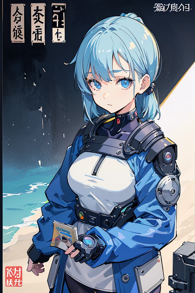 (masterpiece: 1.2, best quality), (1 lady, solo, upper body: 1.2), Hair: short cut, Clothing: oversized denim jacket and combat boots, underground or street art exhibition, android girl perfect for the future, cyborg girl, blue cyborg, cyborg - girl with silver hair, cyber machine female face, modern cyberpunk anime, cyborg girl, cyberpunk ads, perfect anime cyborg woman, porcelain cyborg, perfect cyborg woman, beautiful android ((modern clothes)) Looking at the viewer, looking at the camera,Magazine cover,a close up of a poster with a person on a cell phone, by Shinoda Toko, by Tadashi Nakayama, by Hirohiko Araki, manga cover style, manga comic book cover,