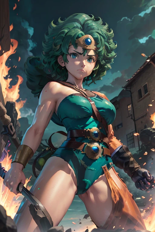 Anime Artwork Anime Artwork Masterpiece,most、high quality, Unreal Engine, Ultra-high resolution, Very detailed丸い胸, 1 person with medium chest,  Waist, thin,(Muscular:0.9)
 heroine, 
Circlet, Curly Hair, Green Hair, short hair, Asymmetrical clothing, leotard, belt, One-handed gloves, Single Sleeve, Single Thigh High Cave, Holding a sword, . Anime Style, Key Visual, Vibrant, Studio Anime,  Very detailed、　I'm running out of life. ragged equipment. kneel on one knee. be attacked by fire by the enemy.