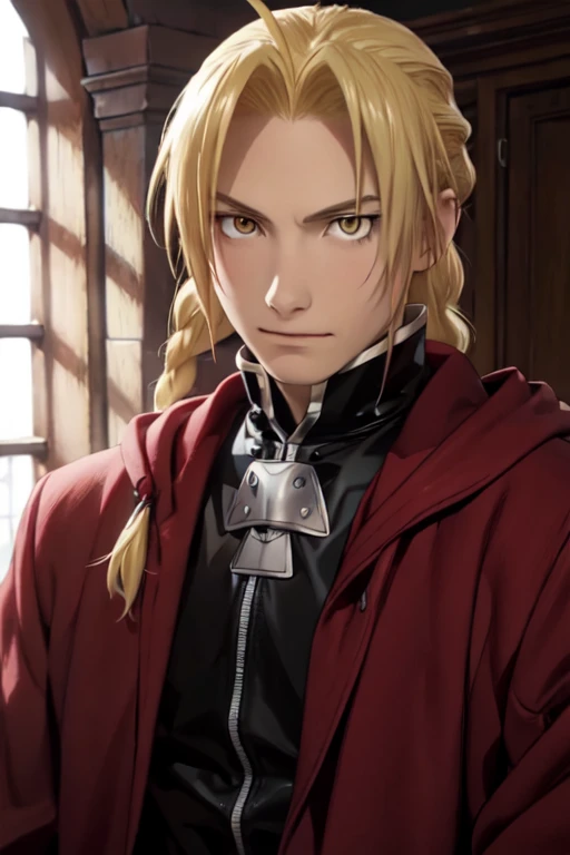 masterpiece, best quality, wallpaper, 1boy, solo, male focus, looking at viewer, realistic, [[edward_elric|blonde ikemen]:edward_elric:16]blonde hair, yellow eyes, braid, single braid, braided ponytail, single mechanical arm, 32k resolution, (upper body:1.5), black clothes, red coat
BREAK
edward_elric 