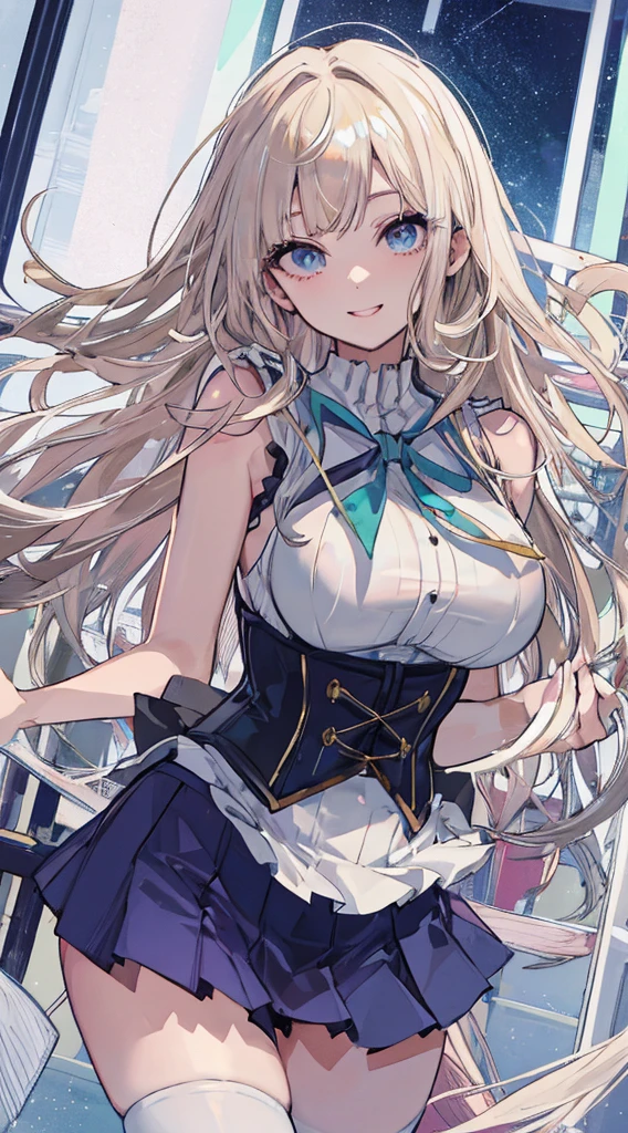 top-quality、realistic touch,high-detail、photoRealstic、Long body、captive beauty、big eye、Colossal tits、Strong platinum blonde eyelashes、platinum-blond、full body Esbian、Sparkling eyes、Submissive smile、Flushed cheeks、Kamimei、thin-waist、Voluptuous thighs、Enraptured look、Raked bangs、The forehead is protruding、Tight sailor uniform、thigh-high socks、sleeveless、Tight and short skirt with a large slit、A corset that emphasizes your breasts、Shoulder straps integrated with corset、Inside a school classroom、Shiny Skin、Shiny Hair、Backlight、Saggy breasts.Brown skin,Curly hair,Dynamic Angle,