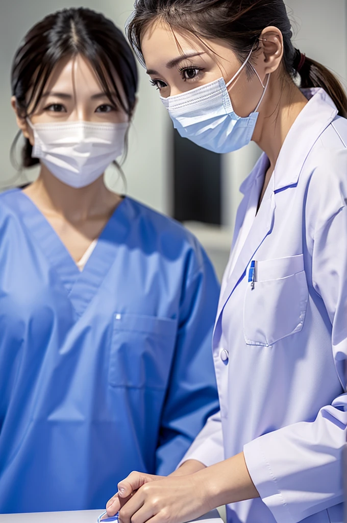 Male dentist and female dental hygienist　２people　A good business partner　日本people系　Wearing a lab coat　Wearing medical scrubs　Upper body close-up　high resolution　high resolution　Highest quality　日本people　Look straight ahead