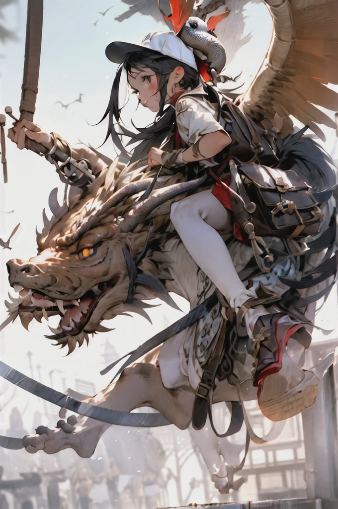 girl, letterboxed, holding, outdoors, bird, standing, cloud, 1boy, weapon, from behind, sky, cloudy sky, animal, holding weapon, eastern dragon, monster, 1other, hat, fog,  