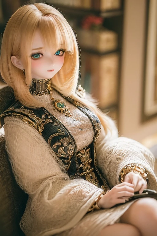 photorealistic, realistic photo, ((highest quality)), ((masterpiece)), (extremely detailed), kukolnydom, doll, (mature woman:1.7), solo, sitting on sofa, green eyes, (looking down, blank eyes, empty eyes, detailed eyes:1.3), light smile, dress, museum, 8k