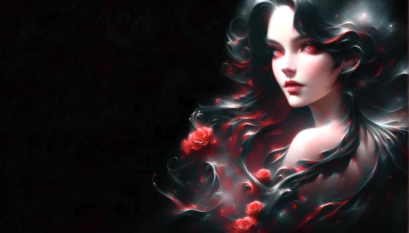 a close up of a woman with long black hair and red roses, black and red hair, stylized digital art, sultry digital painting, karol bak uhd, black and red hair hair, detailed long black hair, 8k high quality detailed art, dark but detailed digital art, very long black/red hair, gorgeous digital art, seductive cyberpunk dark fantasy