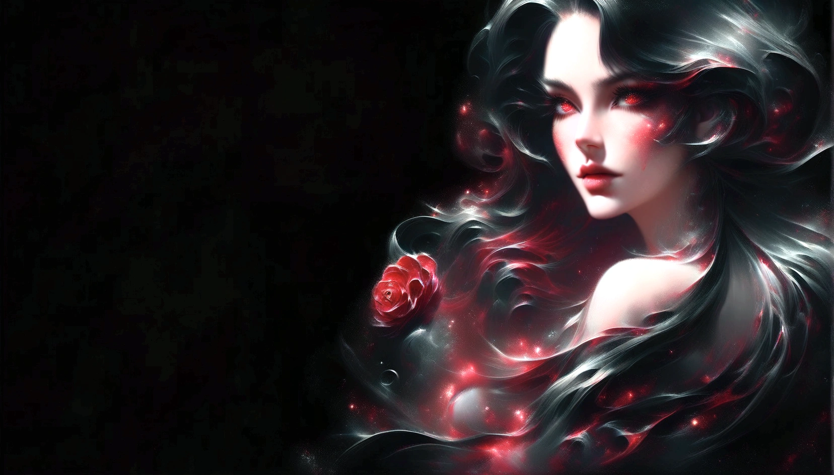 a close up of a woman with long black hair and red roses, black and red hair, stylized digital art, sultry digital painting, karol bak uhd, black and red hair hair, detailed long black hair, 8k high quality detailed art, dark but detailed digital art, very long black/red hair, gorgeous digital art, seductive cyberpunk dark fantasy