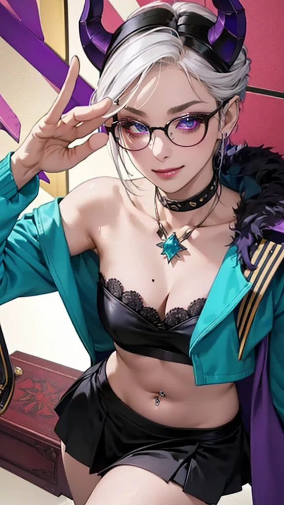8k, masterpiece, best quality, highly detailed, 1 girl, tiefling, warlock, multicolored hair, very short straight hair green highlight hair on white hair, strippled hair, wearing glasses, round glasses, earrings, red eyeshadow, long eyelashes,navel piercing, blushed cheek, necklace, collarbone, high heels, mole, glamorous, purple and teal clothing, villainy, smirk, seductive face, close up view, rings, looking at viewer, standing, demon horns, solo, hand touching cheek, library, black lace gloves, holding book, miniskirt.