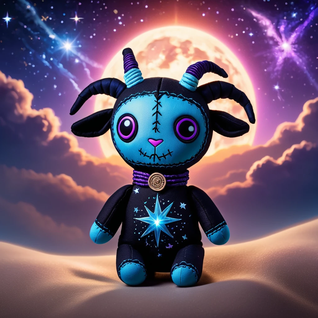 (knitted toy voodoo doll:1.9), (Voodoo Black goat:1.3), (Clothing Ethereal cloak, shimmering in shades of blue and purple, decorated with constellations and stardust:1.0), (Flying compass emitting rays of light, mysterious amulet with symbols of constellations:1.1), (against the background of Clouds at sunset, with visible stars and celestial bodies on the horizon:1.1), best quality, masterpiece, detailed soft oil painting, detailed background, dramatic cinematic lighting, soft edge lighting, professional, dramatic lighting, hard edge lighting, ultra quality, 4k, masterpiece, best quality, 8k, ultra high definition, high resolution, extremely detailed