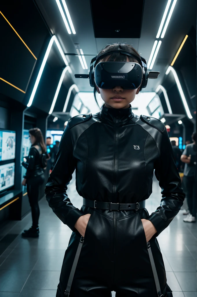 A stunning intricate full color picture of a beautiful woman, wearing a space-age metallic outfit in a futuristic exhibit, portait, epic character composition,by ilya kuvshinov, alessio albi, nina masic,sharp focus, subsurface scattering, f2, 35mm, film grain, very pale <lora:LucidLavender:1>