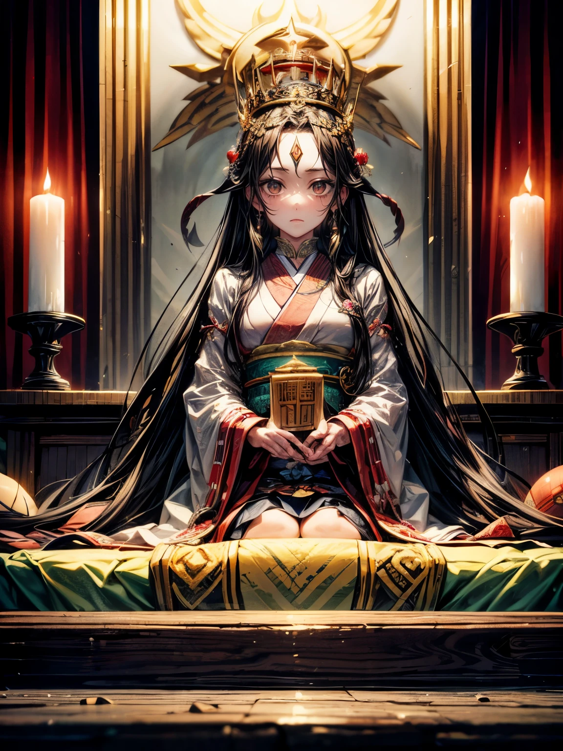 Himiko, ancient Japan, queen, shaman,((Forehead hai)),,long black hair, deep brown eyes, sumptuous attire, crown, sacred altar,regal expression
