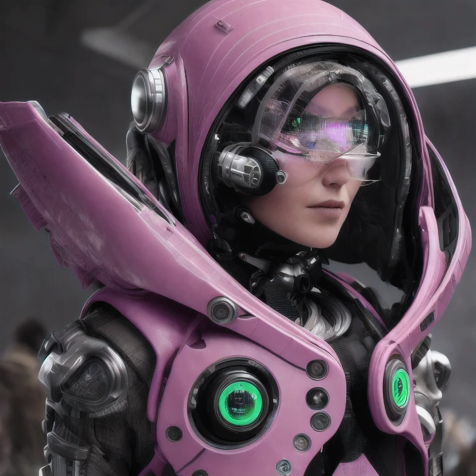 Photo of a college student, Purple Pink, Futuristic space suit, (freckle:0.8) Cute face, Science Fiction, Dystopia, Delicate eyes, Green pupils((side view))