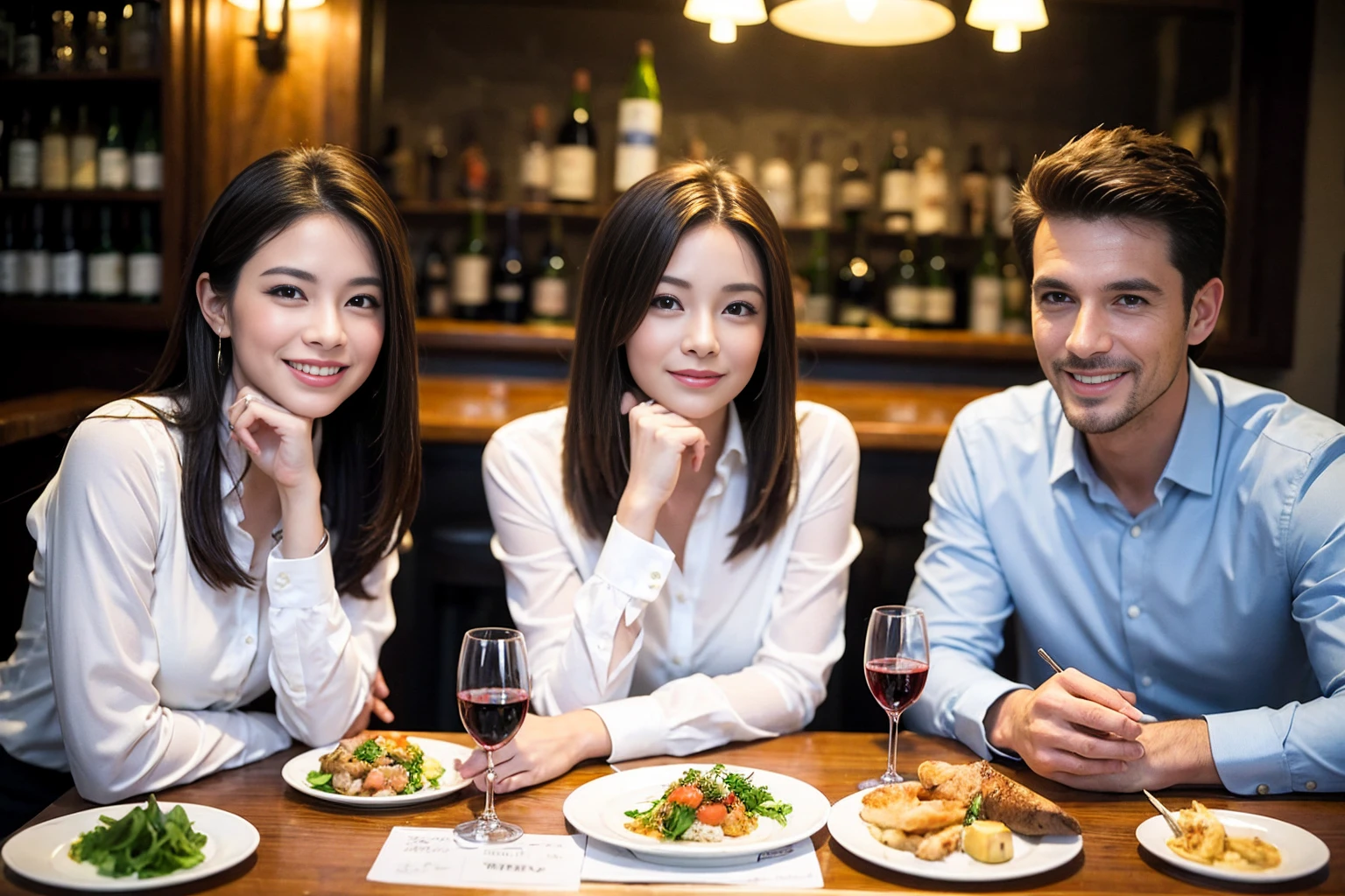 ((Highest quality、、masterpiece:1.3))、1 male 1 female、Slim lover、Beautiful couple、smile、full-course dinner、 (Slim face), (the body is スリム), (Brown Hair), (Shortcuts), ((Bob Hale、Straight hair:1.2)), テーブルの上のwine glass、Shine light on your face、 Amazing view of the sunset sky and clouds、smileの美しさ、Bright image、Blushing, Shortcuts, (43 years old), 39 years old, Appetizers、Italian food、Wine bottle、Champagne、sparkling wine、Long sleeve shirt、dress、Attractive beauty、restaurant, Nova Frog Style, actress, model, Upper Body, White wine, red wine, wine glass,