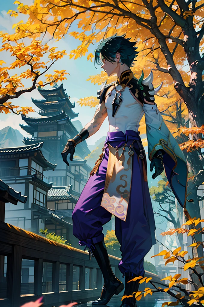 1 adult male solo,xiao \(genshin impact\), 1boy, male focus, short dark teal hair, yellow eyes, white sleeveless shirt, necklace, green tattoo on arm, detached white sleeve, black gloves, wide blue pants, black boots, pink and purple clothes details, black shoulder armor with spikes, outside, chinese mountains, yellow autumn trees, tree leaf falling, windy weather, dramatic light, movie poster style, cinematic shot, book cover, epic