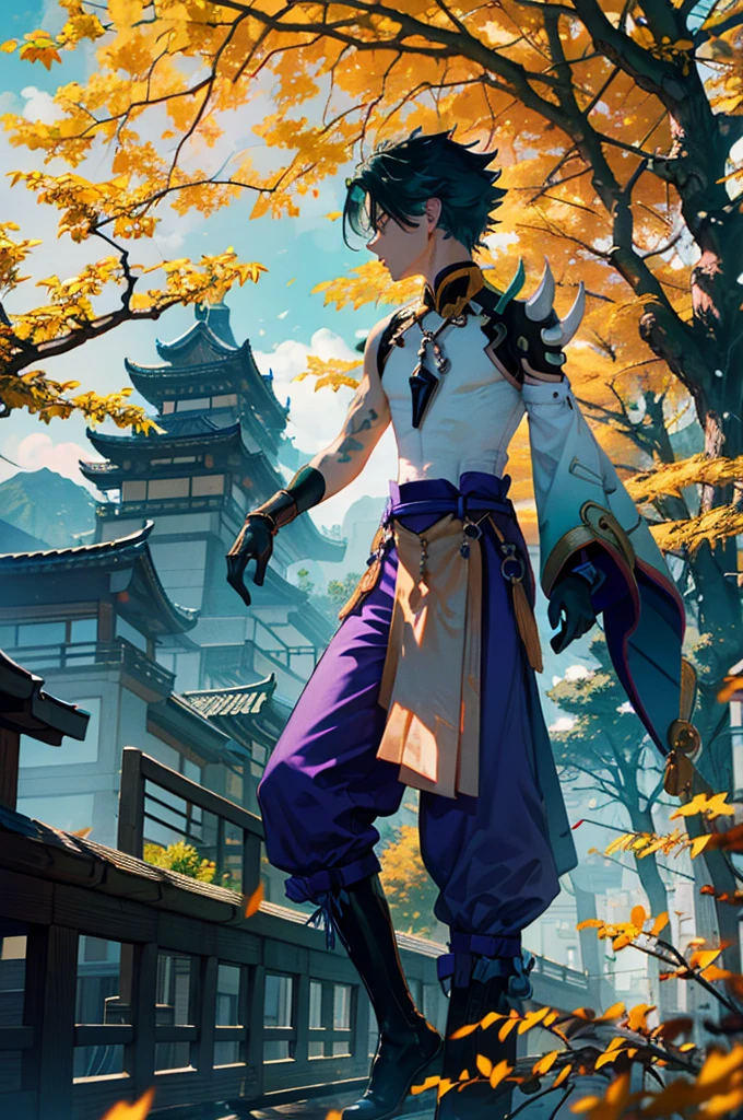 1 adult male solo,xiao \(genshin impact\), 1boy, male focus, short dark teal hair, yellow eyes, white sleeveless shirt, necklace, green tattoo on arm, detached white sleeve, black gloves, wide blue pants, black boots, pink and purple clothes details, black shoulder armor with spikes, outside, chinese mountains, yellow autumn trees, tree leaf falling, windy weather, dramatic light, movie poster style, cinematic shot, book cover, epic