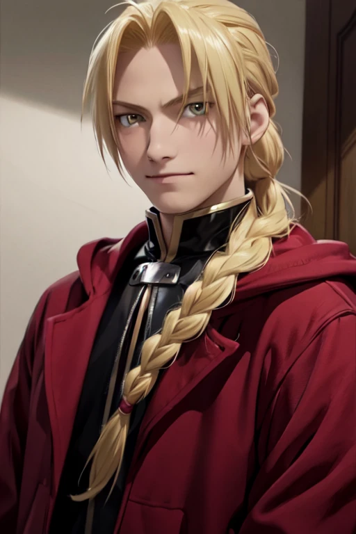 masterpiece, best quality, wallpaper, 1boy, solo, male focus, looking at viewer, realistic, [[edward_elric|blonde ikemen]:edward_elric:16]blonde hair, yellow eyes, braid, single braid, braided ponytail, single mechanical arm, 32k resolution, (upper body:1.5), black clothes, red coat
BREAK
edward_elric 