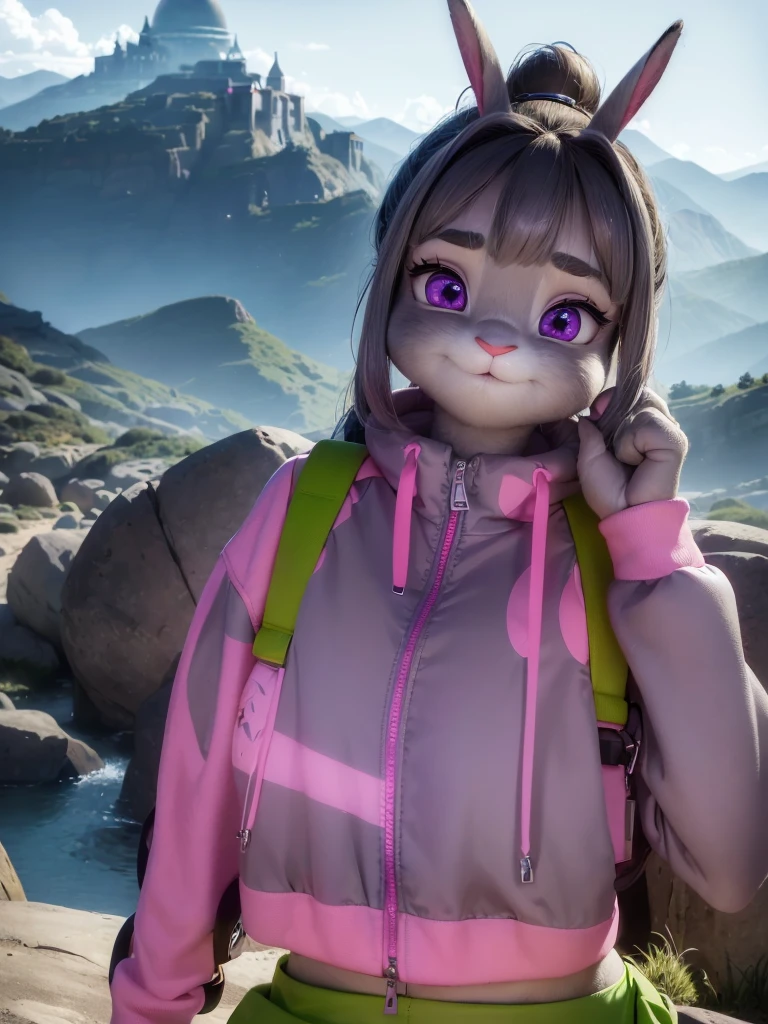 Highest quality,
masterpiece,
Ultra-realistic,
Super detailed,
Beautiful details,
4K，8K，upper,
pixar,
Photo realistic,
Medium Shot,
Background is ((hiking course)),
Realistic lighting,
((looking at the camera)),
hiking lady,

((Anthropomorphic rabbit)),
Detailed animals,
Complex patterns,
(Furry:1.35),
(All skin is grey:1.35),
(The body is fluffy and bushy:1.1),
Realistic fur,

Human hand,

(Judy Hopps face:1.3),
((ponytail hairstyle)),
((side part bangs)), bangs,
((dark gray hair color)),
Purple eyes,
{Eye highlights, Clear eyes, Eyes sparkling, Large, round pupils},
Detailed Iris, 
(Eyebrows raised:1.2),
(Crescent eyebrows:1.3),
(Bunny ears:1.3),
smile, big smile, pure smile,
raised corners of mouth,

The woman is wearing fleece jacket,
The woman is wearing trekking bottoms,
((pink fleece jacket)),
((yellow green bottoms)),
carry a backpack,

(alone:1.5),
(1 Female:1.5),
Only 1 character,
Perfect Anatomy,

Lighting forward,
Lighting front,
sunlight, 
Intricate details, 
Ray Tracing, 
Realistic, 