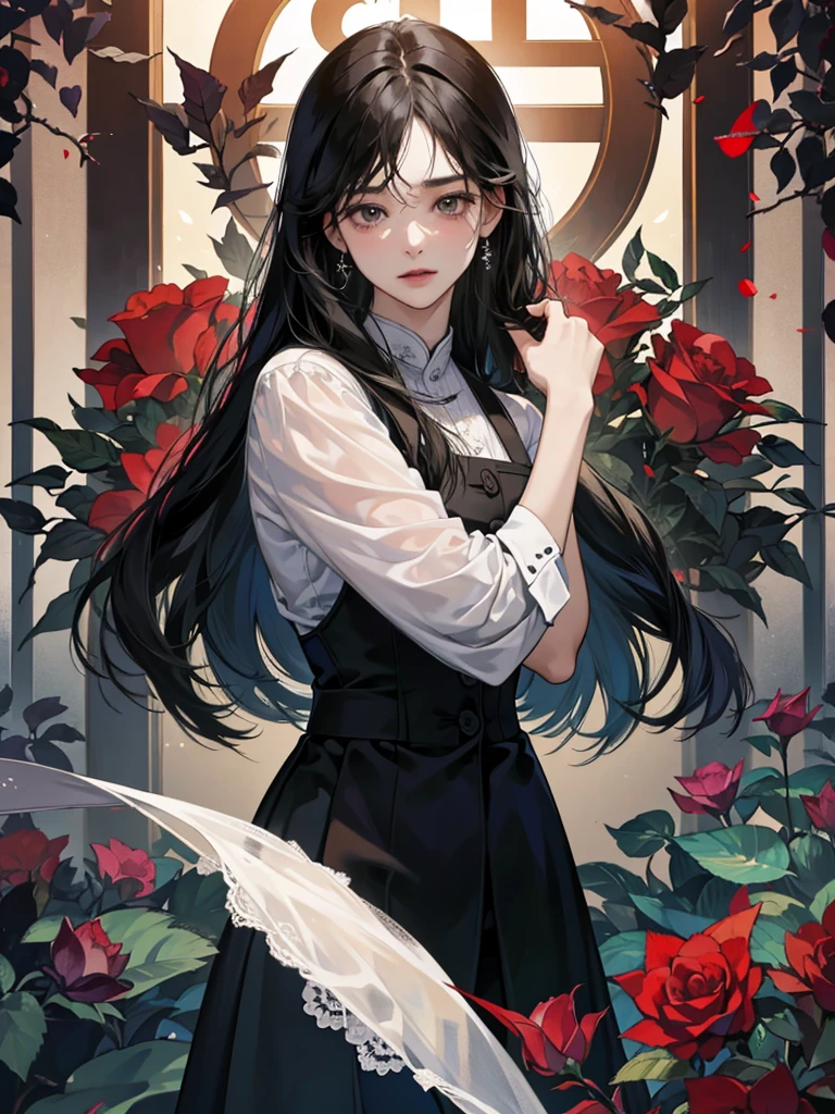 best quality，outstanding，一对情侣在garden里拥抱在一起，The man hugged the woman from behind。Woman with long black hair，cry。Man with short black hair wearing suit，Poker face。garden，western-styled building，Rose，Thorns，Overbearing CEO，Novel cover，Beautiful and delicate face，HD，Light and Shadow，High quality details