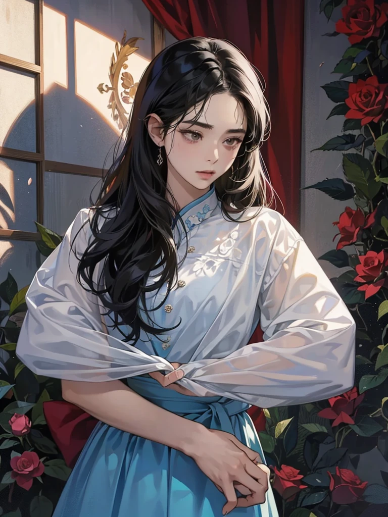 best quality,outstanding,一对情侣在garden里拥抱在一起,The man hugged the woman from behind。Woman with long black hair,cry。Man with short black hair wearing suit,Poker face。garden,western-styled building,Rose,Thorns,Overbearing CEO,Novel cover,Beautiful and delicate face,HD,Light and Shadow,High quality details