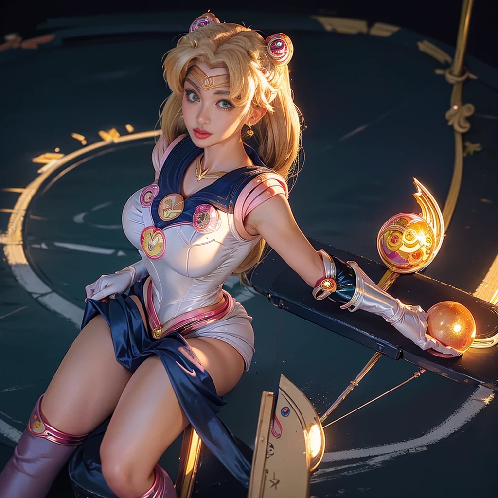 Highest quality，masterpiece，Ultra-high resolution, Very detailed, 8K，a 30 years old beautiful Japanese woman:1.5, Small face, Blonde, Breast Augmentation Surgery, (Detailed Sailor Moon costume:1.5), Very big ass