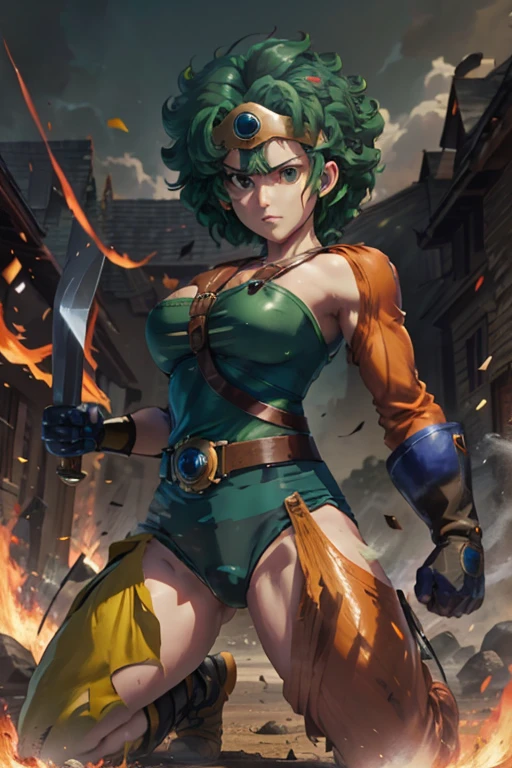 Anime Artwork Anime Artwork Masterpiece,most、high quality, Unreal Engine, Ultra-high resolution, Very detailed丸い胸, 1 person with medium chest, Waist, thin,(Muscular:0.9)
heroine,
Circlet, Curly Hair, Green Hair, short hair, Asymmetrical clothing, leotard, belt, One-handed gloves, Single Sleeve, Single Thigh High Cave, Holding a sword, . Anime Style, Key Visual, Vibrant, Studio Anime, Very detailed、 I'm running out of life. ragged equipment. kneel on one knee. be attacked by fire by the enemy.The enemy's attack breaks the shield.