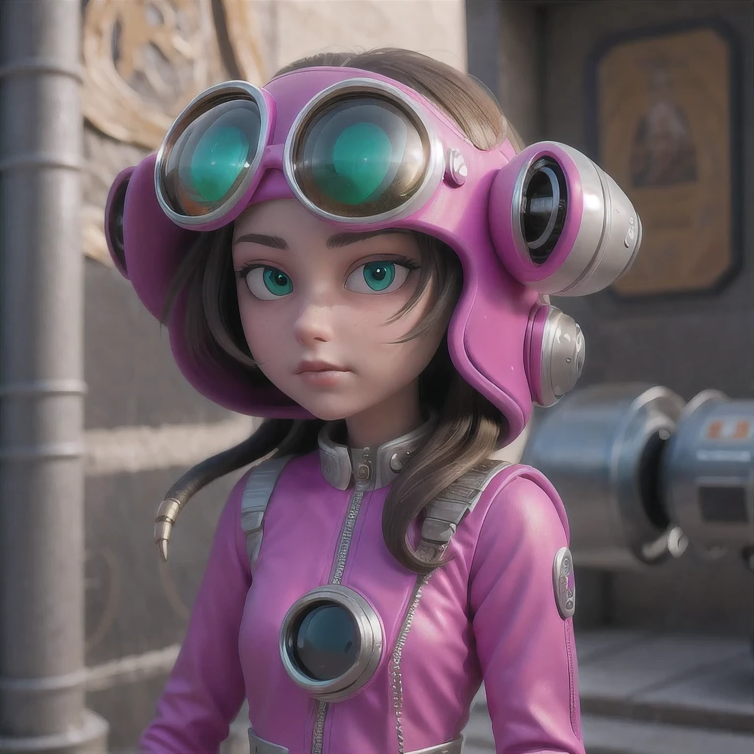 Photo of a college student, Purple Pink, Futuristic space suit, (freckle:0.8) Cute face, Science Fiction, Dystopia, Delicate eyes, Green pupils((side view))