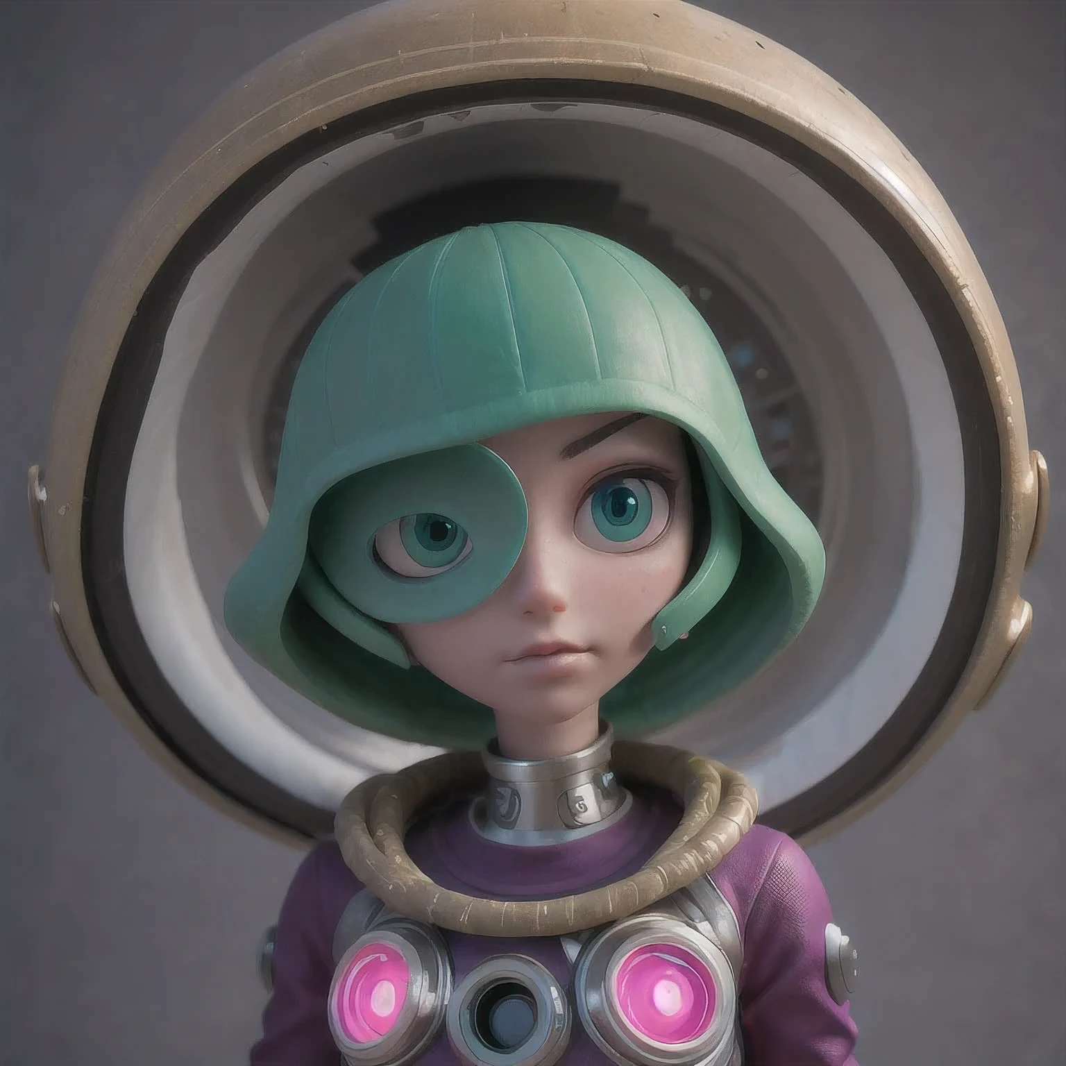 Photo of a college student, Purple Pink, Futuristic space suit, (freckle:0.8) Cute face, Science Fiction, Dystopia, Delicate eyes, Green pupils（（side view））