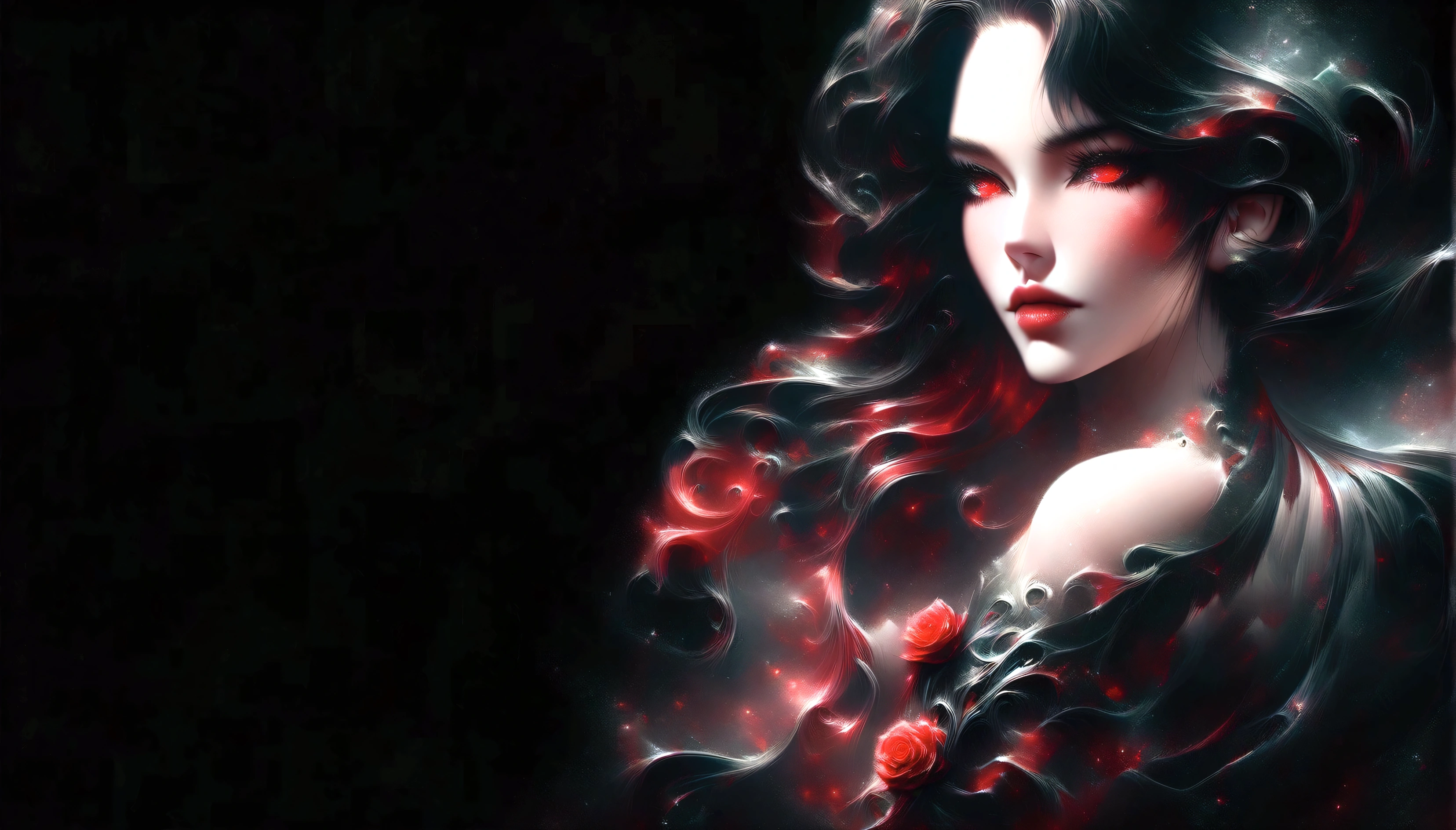 a close up of a woman with long black hair and red roses, black and red hair, stylized digital art, sultry digital painting, karol bak uhd, black and red hair hair, detailed long black hair, 8k high quality detailed art, dark but detailed digital art, very long black/red hair, gorgeous digital art, seductive cyberpunk dark fantasy