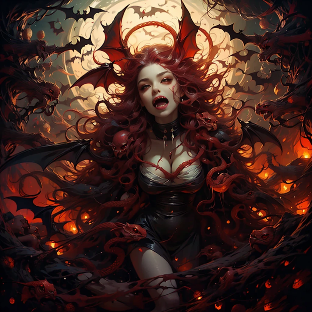 Full Body Portrait:1.0、the red queen_Cthulhu神話、((Hair is made of countless red snakes:1.9_Big bat wings_Big fangs_Beautiful young woman:1.9))、Red sheer dress、Surreal、grotesque、Very detailed、とてもRealistic、Beautiful and detailed、Beautiful and delicate lips、Very detailed、Long eyelashes、Ancient Mystical Beings、Space horror、Surreal、Dark fantasy、Fascinating pose、erotic、Sensual、Amorous、Provocative、Intimate、Fascinating、Sensual、Shiny skin、Perfect Skin、Perfect body、elegant、mature、feminine、Fascinating、impressive、wonderful、Breathtakingly beautiful、Cinema Lighting、Dramatic lighting、Chiaroscuro lighting、High-end digital art、masterpiece、Concept Art、Very detailedな、Very detailed、8K、Highest quality、Surreal、Realistic、Cthulhuu、Cthulhu、Living things、EdobHorrorLandscape、