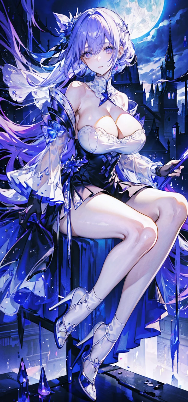 ((masterpiece:1.4,best quality)),(Super detailed),(Extremely detailed eyes),(Shiny socks:1.5),Hello Darkness
(Cute girls),,(Blood-red pupils,Diamond-shaped pupil:1.15),Purple Eyeshadow,(elongated hair,Thick hair,Single ponytail,shiny hair:1.5)(Changes through:1.2),despair,sad,Empty eyes,tears streaming down my face,tilting its head to the side,
(She wore a blue dress,:1.5),(Black gloves:1.4)Very long plush sleeves,White,White Cloud,Dream bubbles ,Ice and glitter effects
(Black long skirt:1.1),
((Starry Sky:1.2)),
(Intense black and white:1.16),(Depth of Field:1.4),,Intricate details,(((Detailed background,Castle in the Sky,Purple flowers by the lake))),(((Huge breasts,Bare breasts,Deep cleavage,White stiletto high heels,Transparent clothes)))