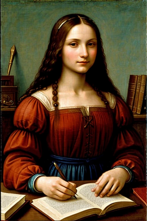 I paint two characters by Leonardo da Vinci, man and womanbackground a room with a desk and many books, a perfect physical man and a closed book woman
