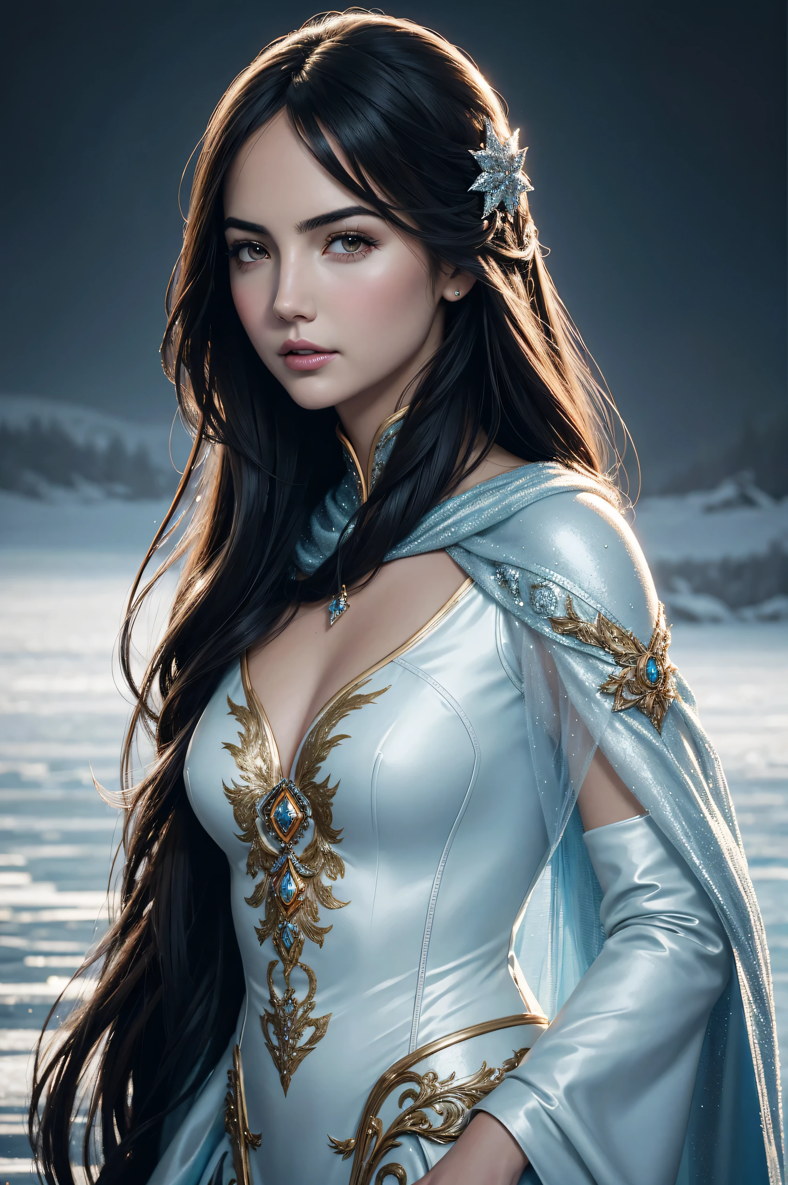 36k, portrait Camilla Belle, wearing figure skating costume, against the background of a frozen lake, character portrait, 5 9 9 0 s, long hair, intricate, elegant, highly detailed, digital painting, artstation, concept art, smooth, sharp focus, illustration, art by wlop, charlie bowater and alexandra fomina