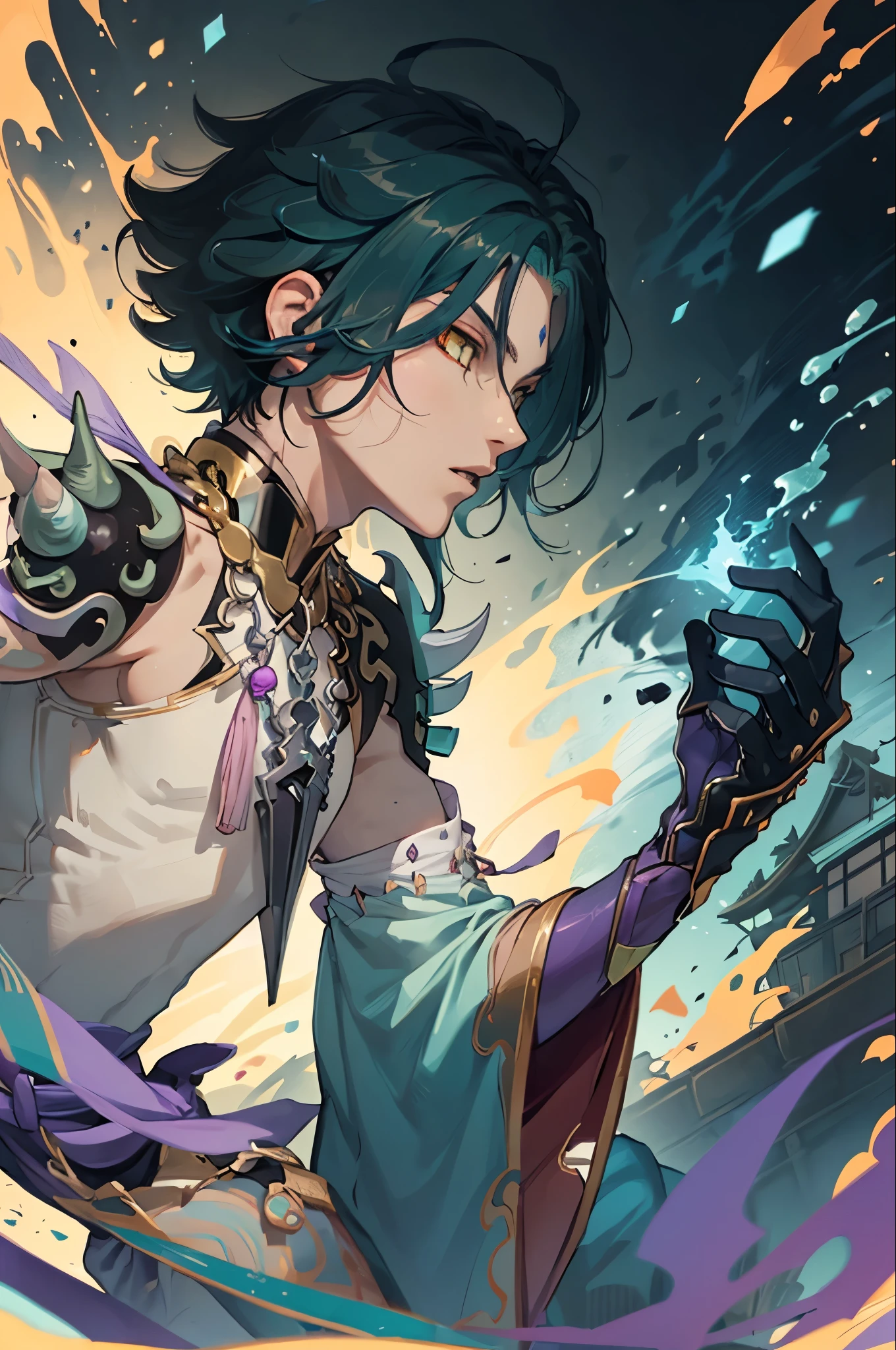1 adult male solo,xiao \(genshin impact\), 1boy, male focus, short dark teal hair, yellow eyes, white sleeveless shirt, necklace, green tattoo on arm, detached white sleeve, black gloves, wide blue pants, black boots, pink and purple clothes details, black shoulder armor with spikes,