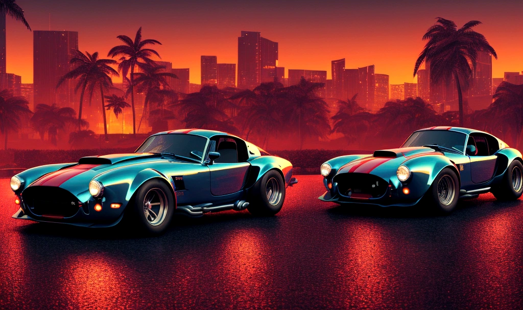 a Shelby Cobra sports car, detailed intricate car body, 3:2 aspect ratio, gleaming metallic finish, dynamic pose, night cityscape of Miami, vibrant neon lights, skyscrapers, palm trees, dramatic cloudy sky, cinematic lighting, sense of speed and danger, blood red accents, (best quality,4k,8k,highres,masterpiece:1.2),ultra-detailed,(realistic,photorealistic,photo-realistic:1.37),cinematic,highly detailed,sharp focus,dramatic lighting,moody atmosphere,intense colors,neon lights