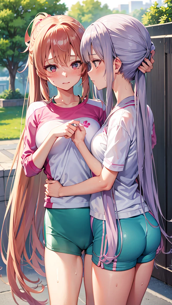 Sweaty ponytailed Yuuki Asuna and Emilia in pink training wear hydrating