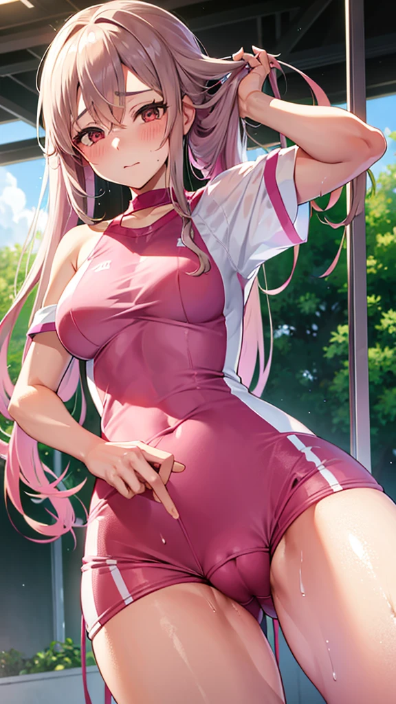 Sweaty ponytailed Yuuki Asuna and Emilia in pink training wear hydrating